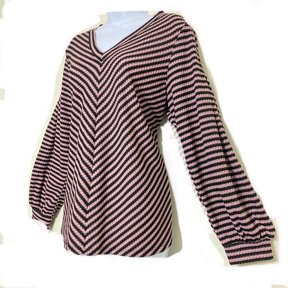 Workshop Republic sweater PINK & BLACK v-neck striped long bishop sleeve size L - Picture 5 of 9